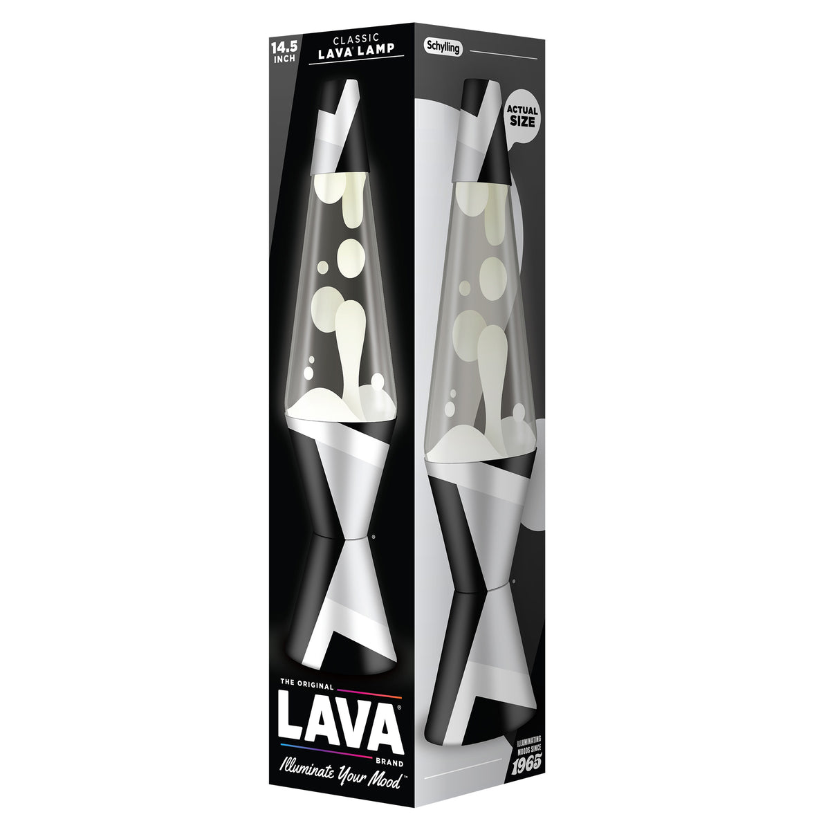 A box displaying a classic 14.5-inch Lamp, featuring a black and white geometric pattern on the base and cap with white wax. Text on the box says "The Original Brand - Illuminate Your Mood".
