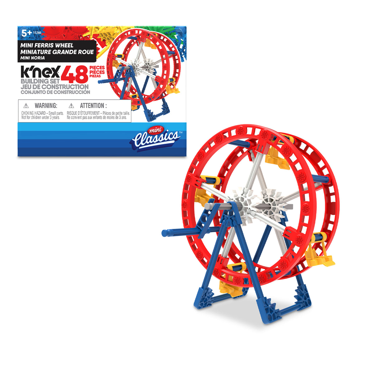 A construction toy set consisting of a mini Ferris wheel. The packaging highlights " Classics" with 48 pieces to build the model. The assembled Ferris wheel is red with blue supports and white and yellow accents. Suitable for ages 5 and up.