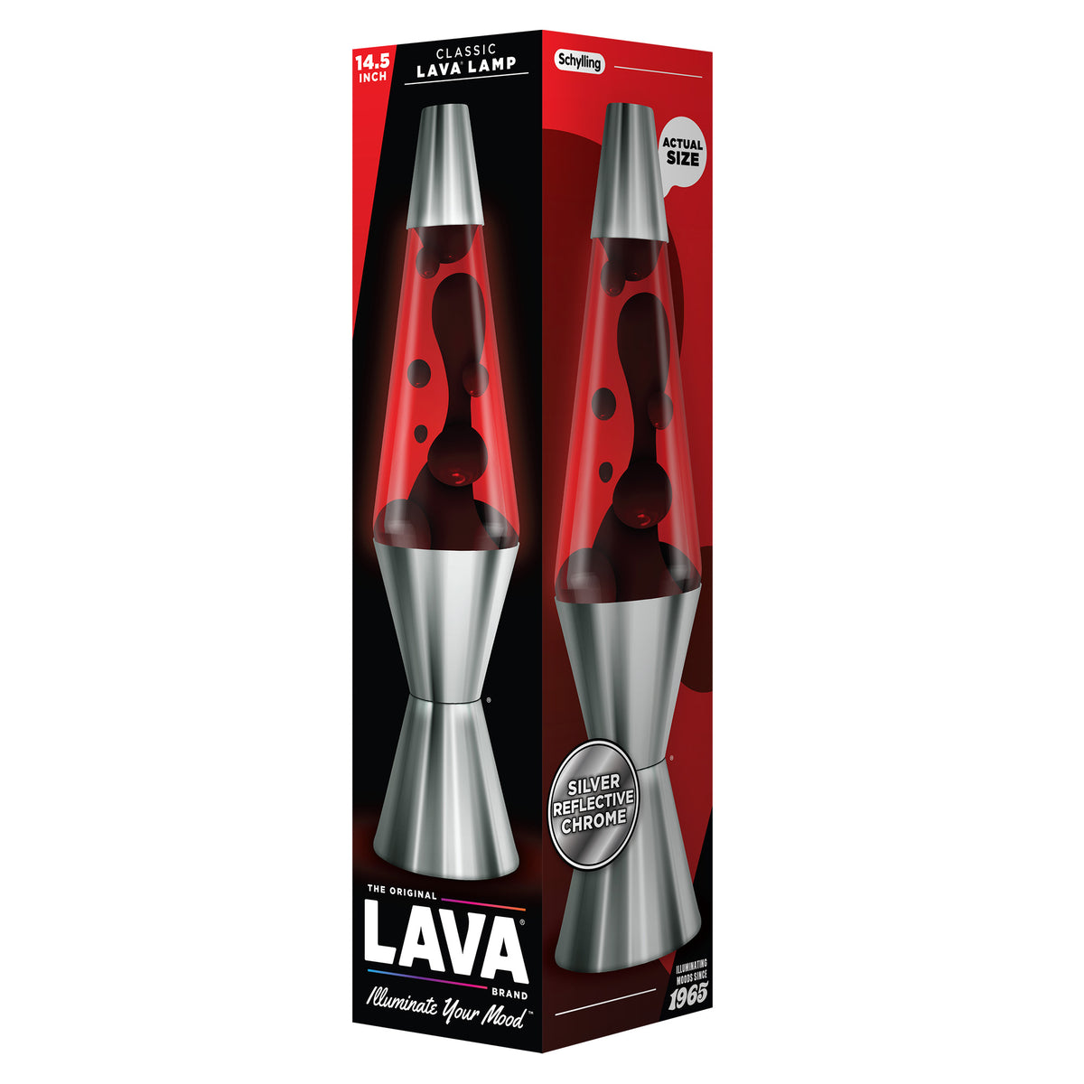 The packaging of a 14.5 inch classic brand motion lamp by . The box features images of the Lamp with silver reflective chrome base and cap, with red inside. The text on the box reads "Silver Reflective Chrome" and "The Original Brand - Illuminate Your Mood."