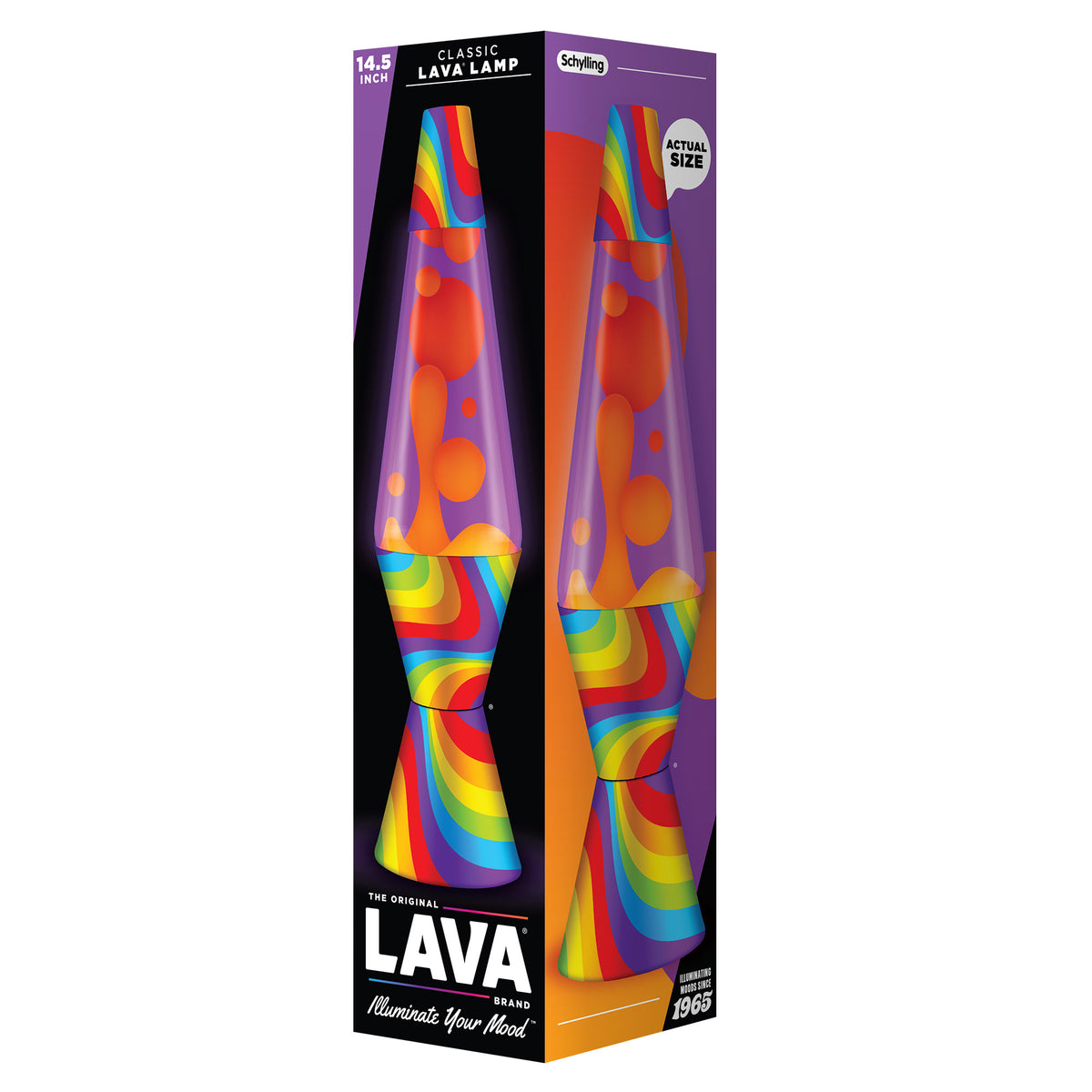 A colorful box containing a 14.5-inch classic brand motion lamp. The lamp and its box are adorned with rainbow patterns. The lamp features red wax that flows through a yellow liquid inside a clear glass vessel, and the packaging displays the logo and branding.