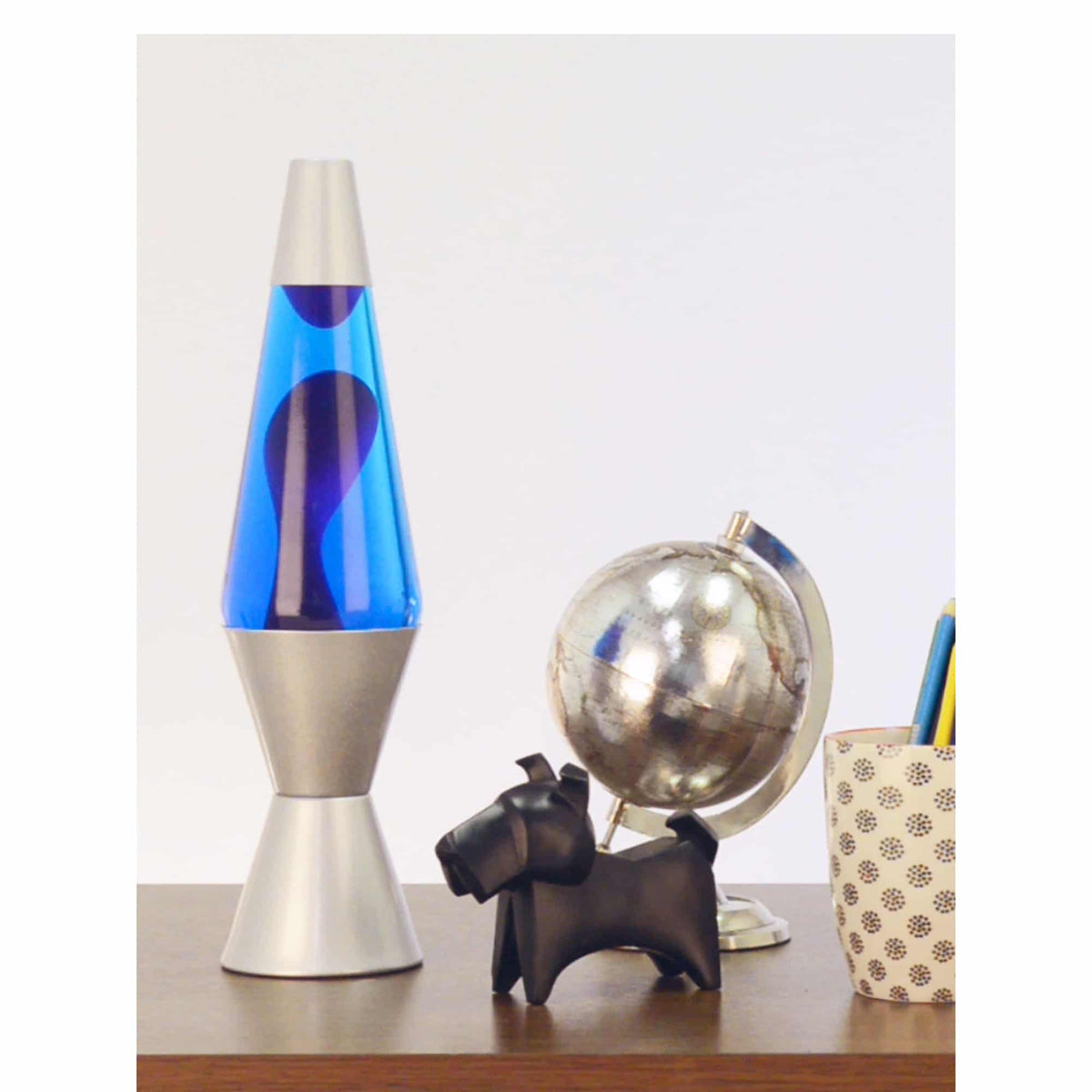 14.5” Lamp – Purple/Blue/Silver on table with scotty dog figure, silver globe, and a pencil cup