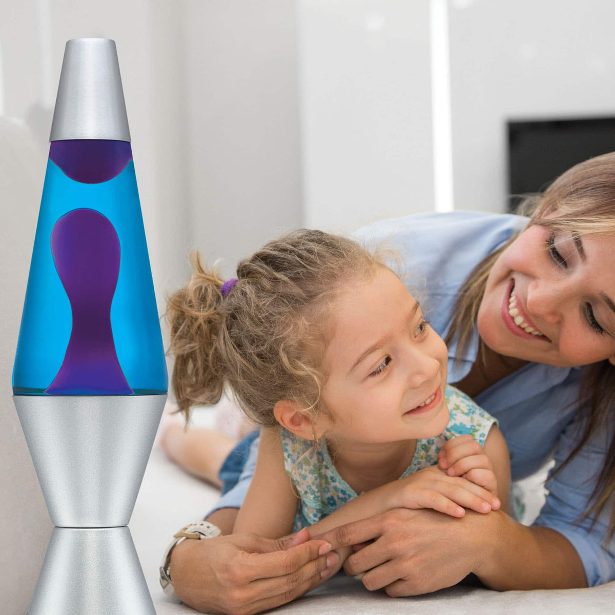 14.5” Lamp – Purple/Blue/Silver with a mother and daughter