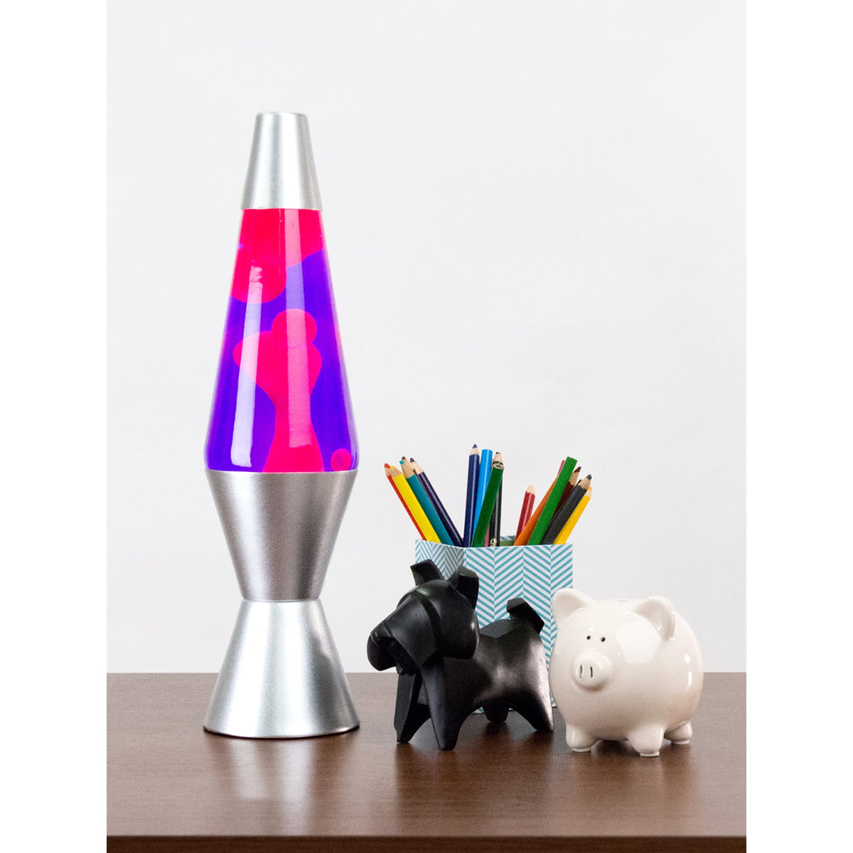 14.5” Lamp – Pink/Purple/Silver on table with pencil cup, scotty dog figure, and white piggy bank