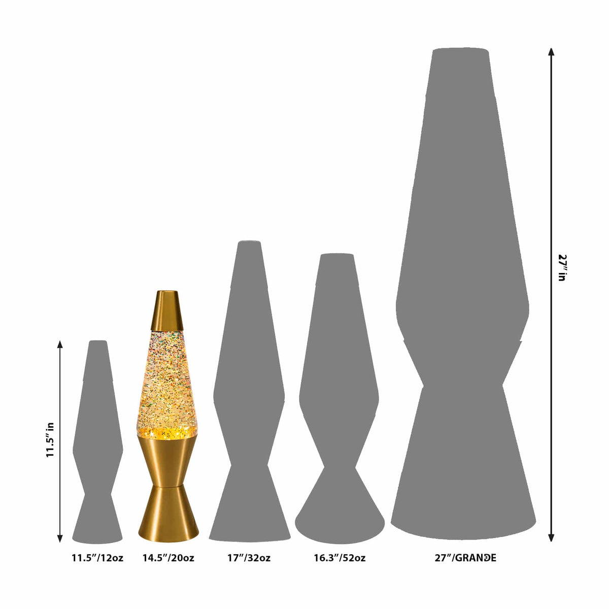 14.5” Lamp Rainbow Glitter – Clear/Gold Size Comparison