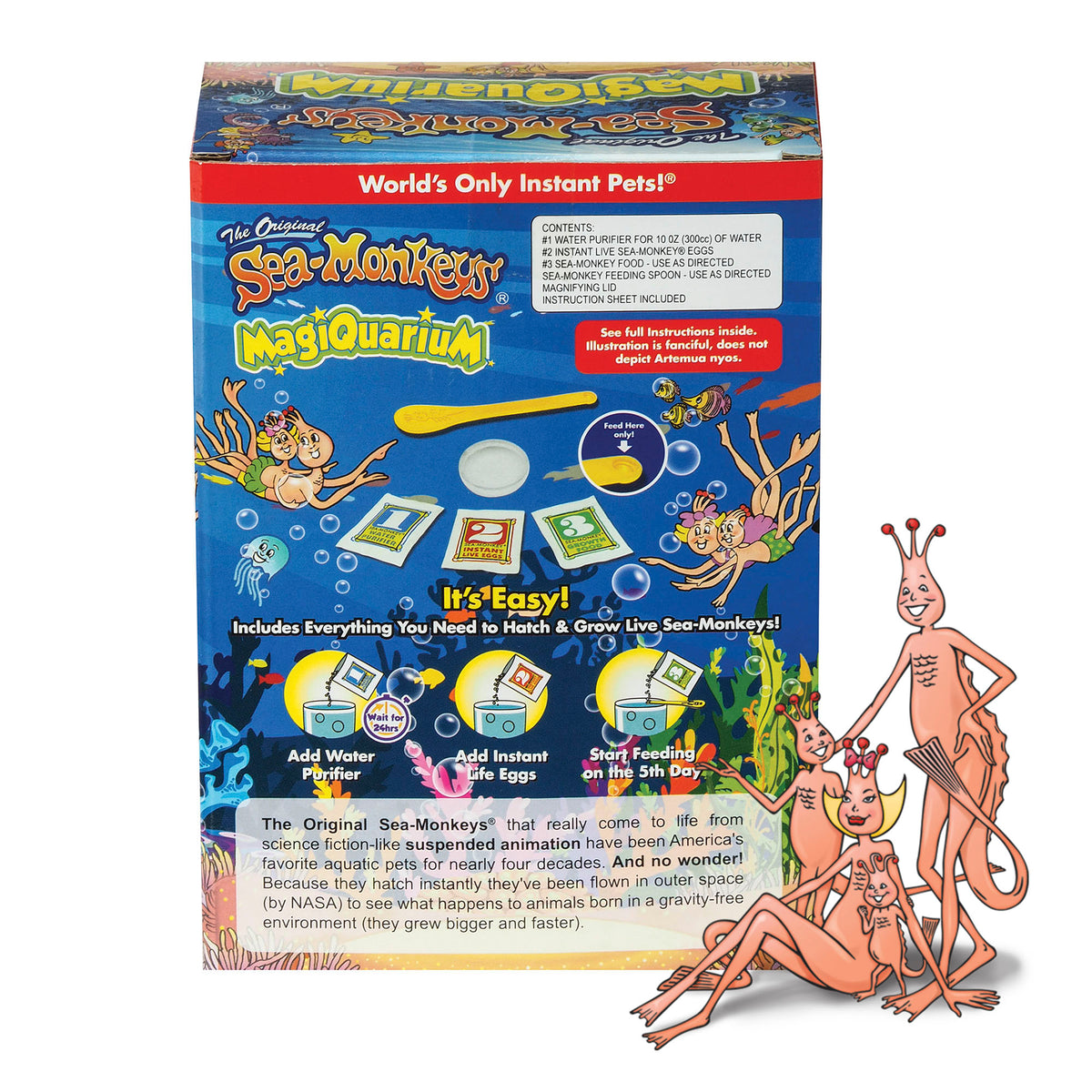 The back of the package is shown, with product information visible. A family of four illustrated are in front of the product. They are illustrations from the 1970's.