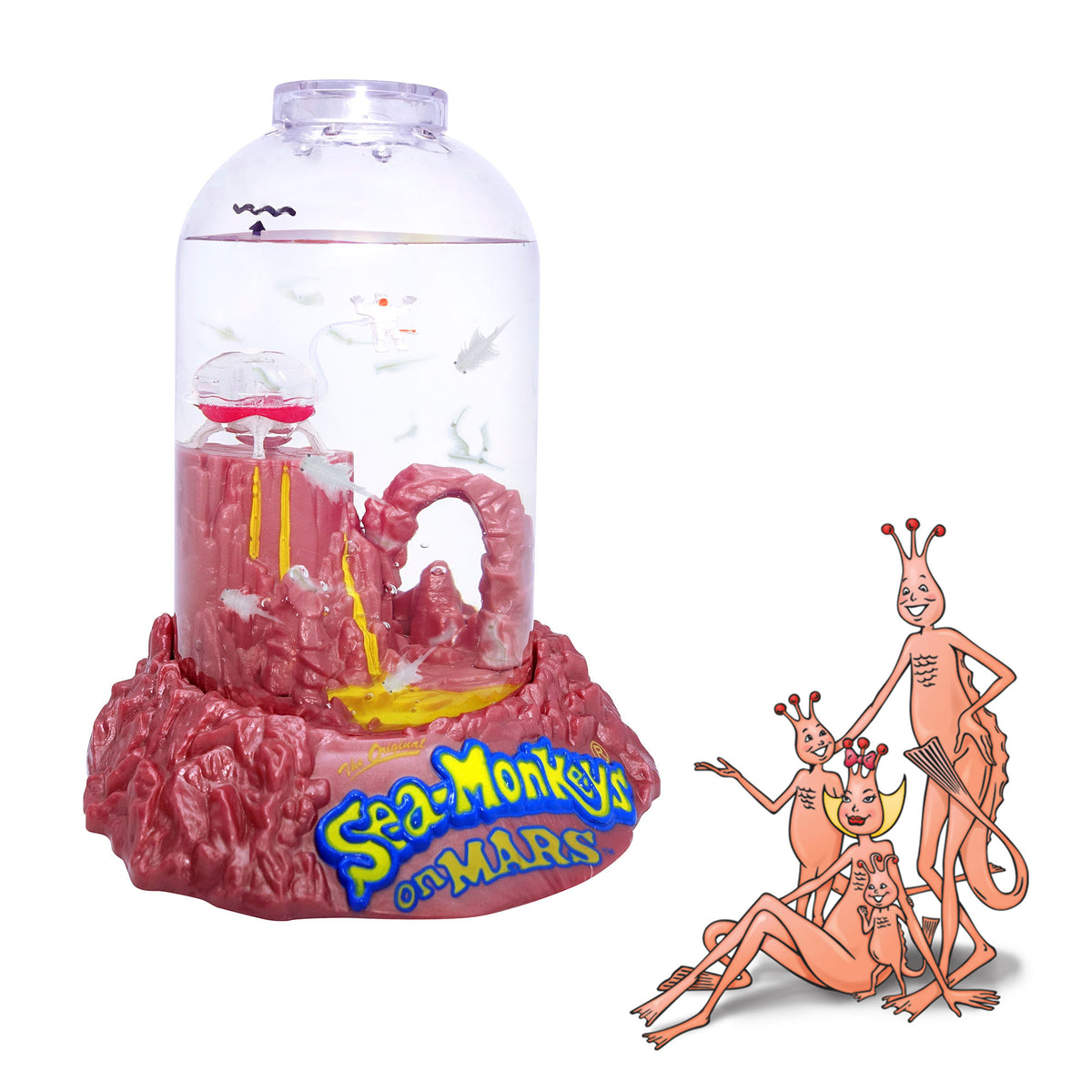 The aquarium is out of the package with swimming in the water inside. A family of four illustrated are in front of the product. They are illustrations from the 1970's.