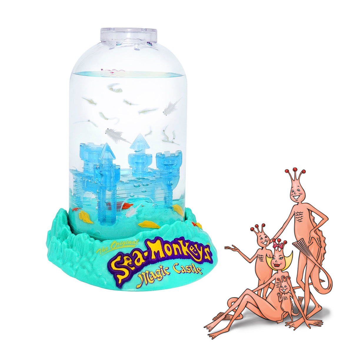 The aquarium is out of the package with swimming in the water inside. A family of four illustrated are in front of the product. They are illustrations from the 1970's.