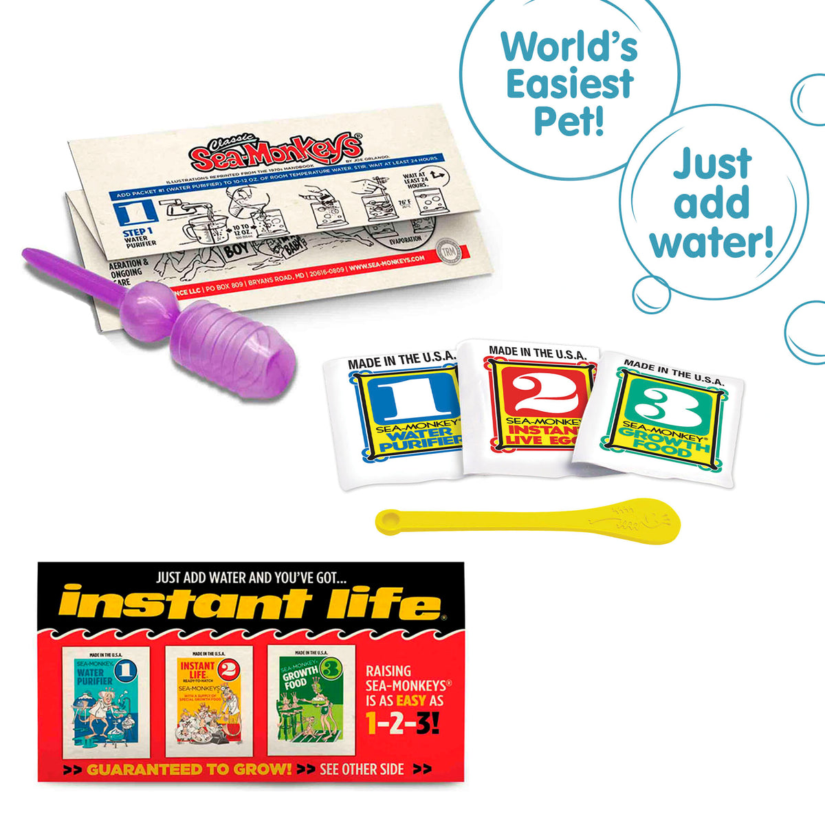 Three packets, numbered 1, 2, and 3 from left to right. There is a small yellow spoon laying in front of the packets. There is a purple pipette and folded instruction paper laying behind the packets, and a peice of the box highlighted in front of the packets. There are two callouts in circles. One reads "World's Easiest Pet!" and the other reads "Just add water!" Three packets, numbered 1, 2, and 3 from left to right. There is a small yellow spoon laying in front of the packets. There is a purple pipette an