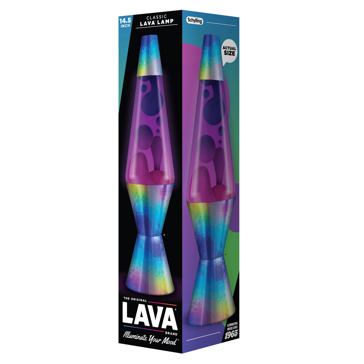 A boxed lamp labeled "The Original Brand" and "Illuminate Your Mood". The lamp inside is 14.5 inches tall with purple liquid and blobs. The box shows images of the lamp, featuring a colorful rainbow base and top.