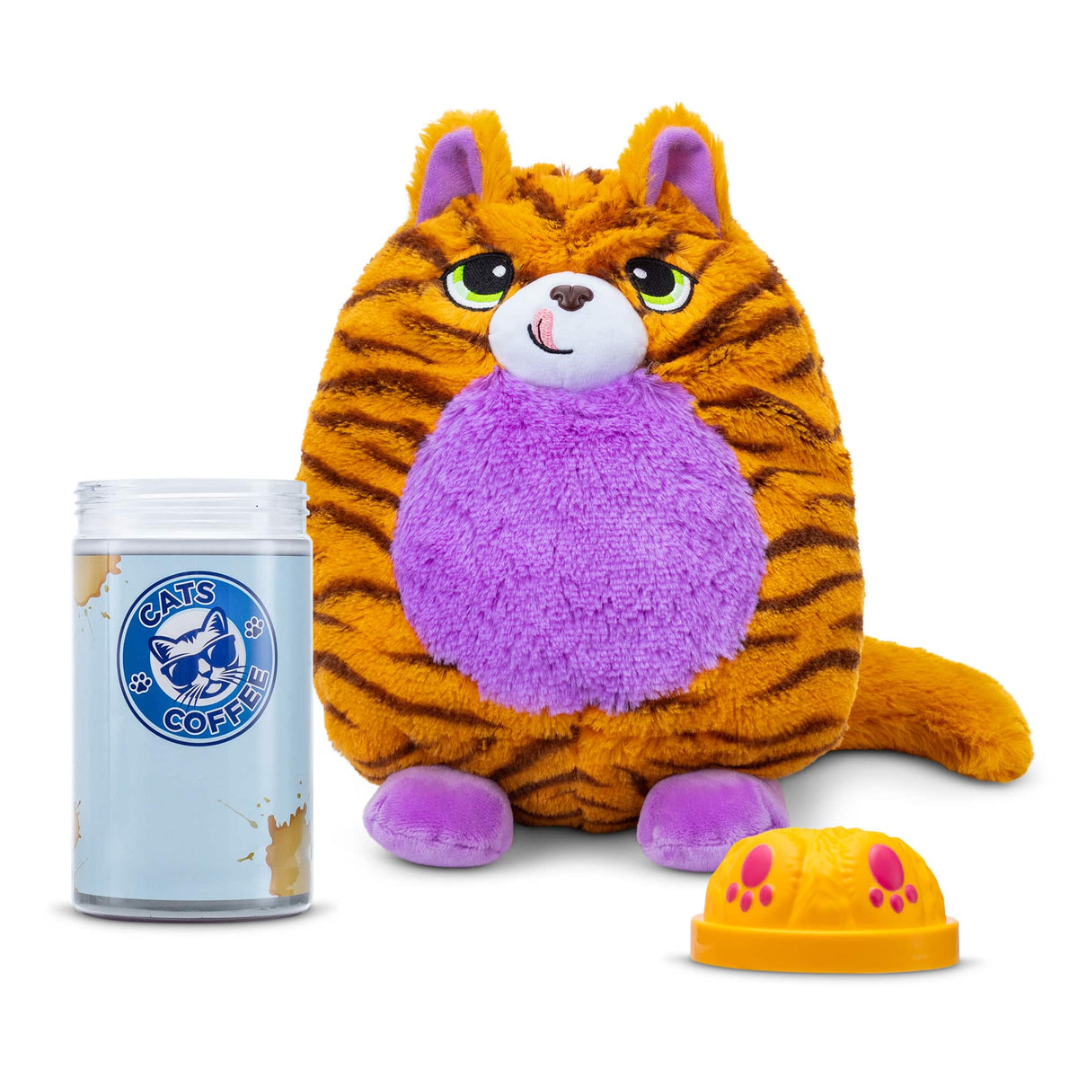 Orange Plush Cat with Cats and Coffee Packaging with the lid off