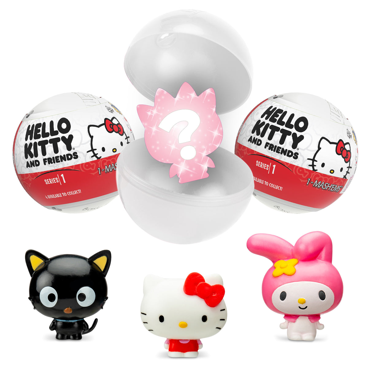 A collection of " and Friends" surprise toys. Front and center are three figurines: Chococat (black cat), (white cat with red bow), and My Melody (pink bunny). Above them are two partially opened capsule containers showcasing the mystery aspect.