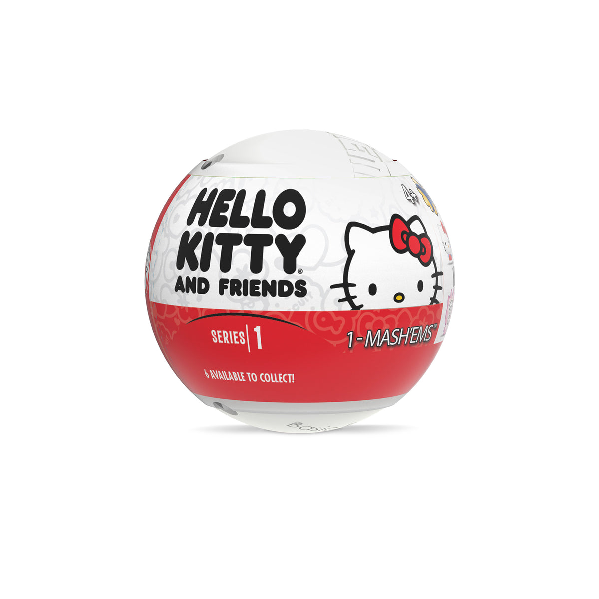 A round, sealed toy capsule featuring " and Friends" branding. The design includes a cartoon image of with a red bow. The packaging indicates this is "Series 1" and mentions "1 Mashems" inside, with "6 available to collect" written on it.