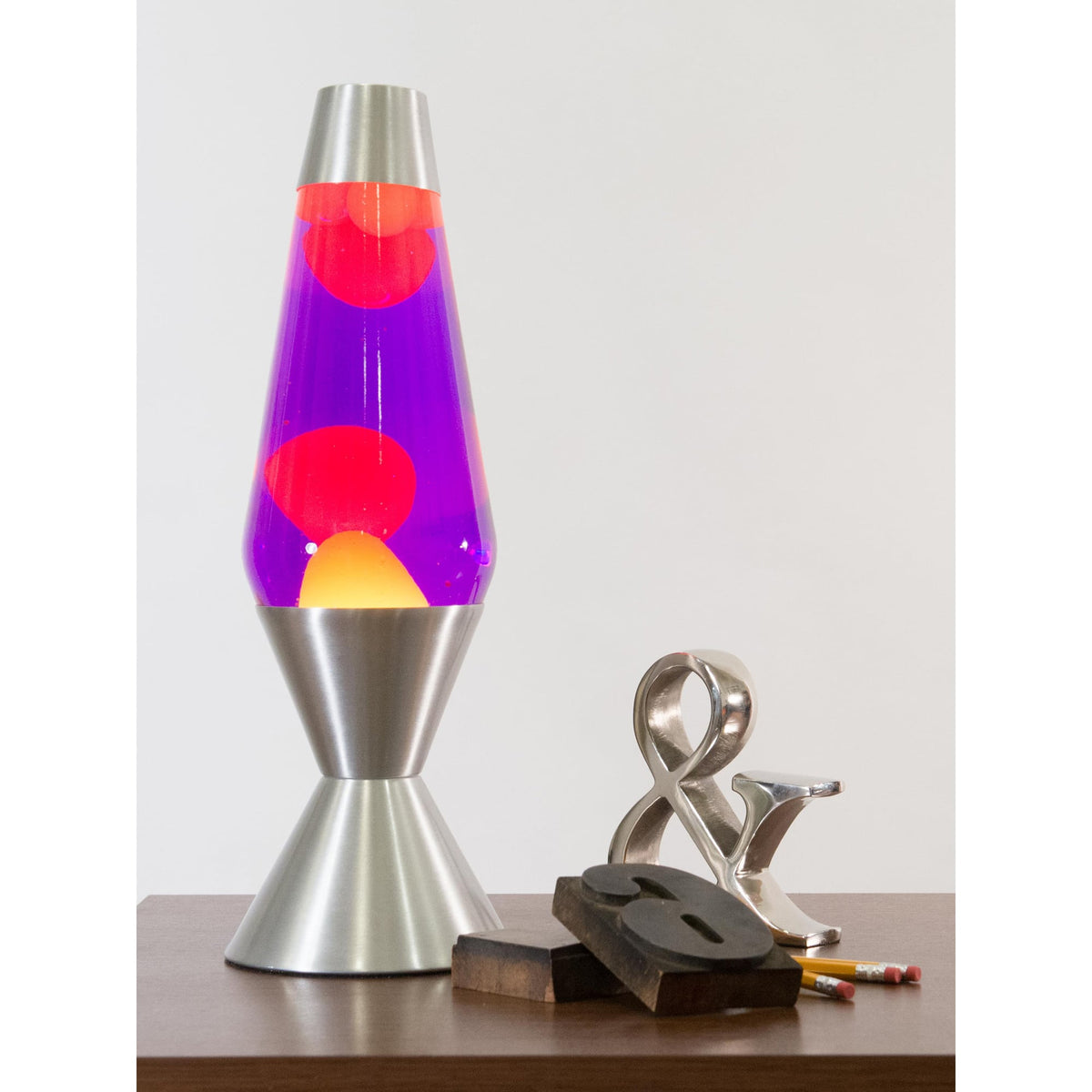 16.3” Lamp – Yellow/Purple/Silver on a table with knick knacks