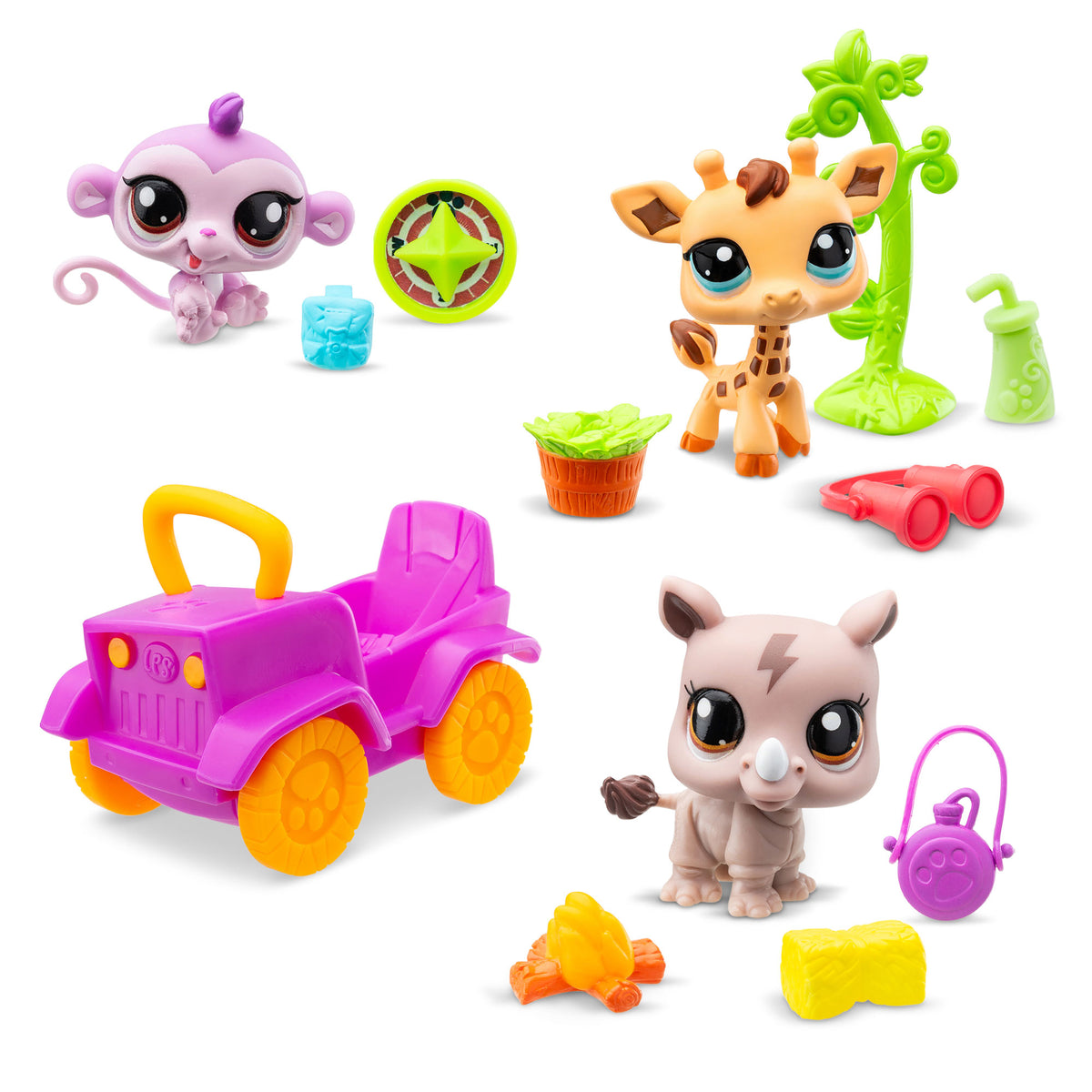 Safari Play Pack - Group shot of Monkey, Giraffe, Rhino, and accessories