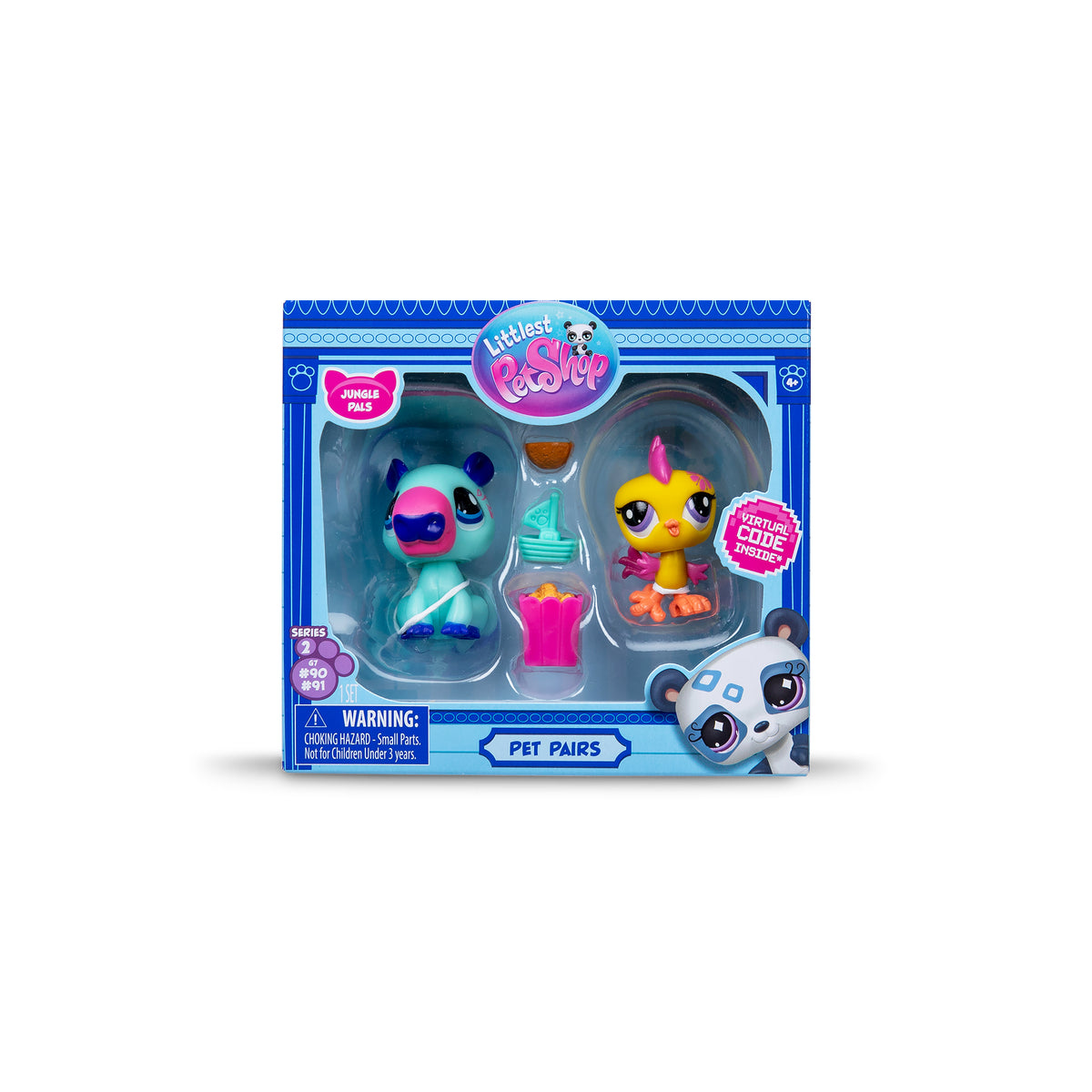 A "Pet Pairs" toy set in a blue box featuring a capybara figure and a rooster figure. Accessories include a coconut, toy boat, and popcorn. The packaging includes labels and a warning.