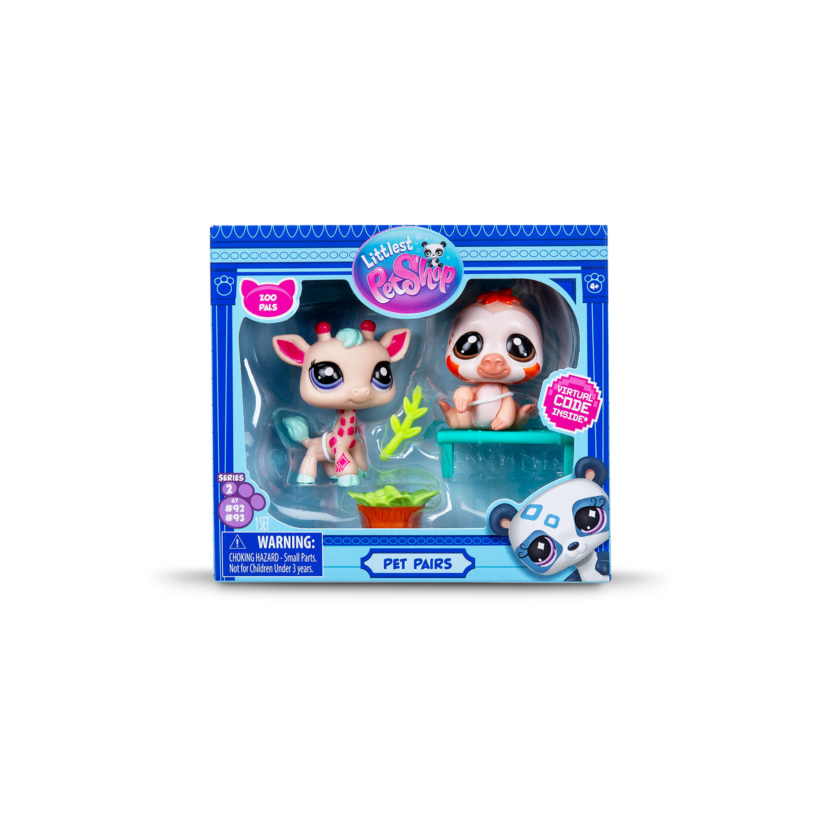 A "Pet Pairs" toy set in a blue box featuring a giraffe figure and a sloth figure. Accessories include a branch, plant, and shelf. The packaging includes labels and a warning.