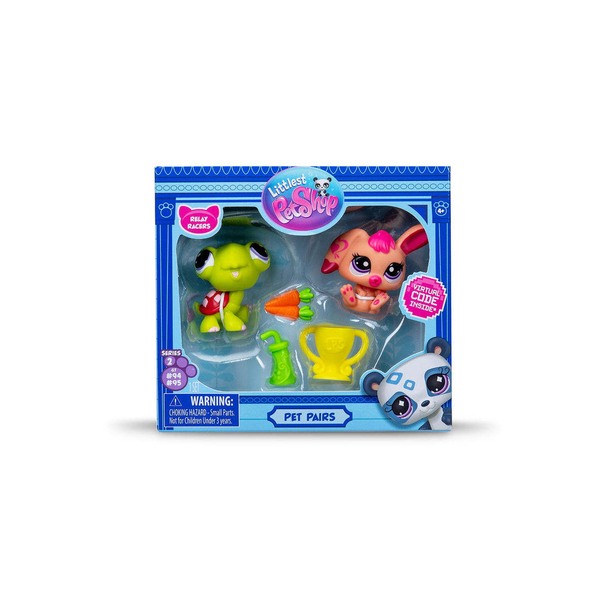 A "Pet Pairs" toy set in a blue box featuring a green turtle figure and a light orange rabbit figure. Accessories include a carrot, feeding bottle, and cup. The packaging includes labels and a warning.