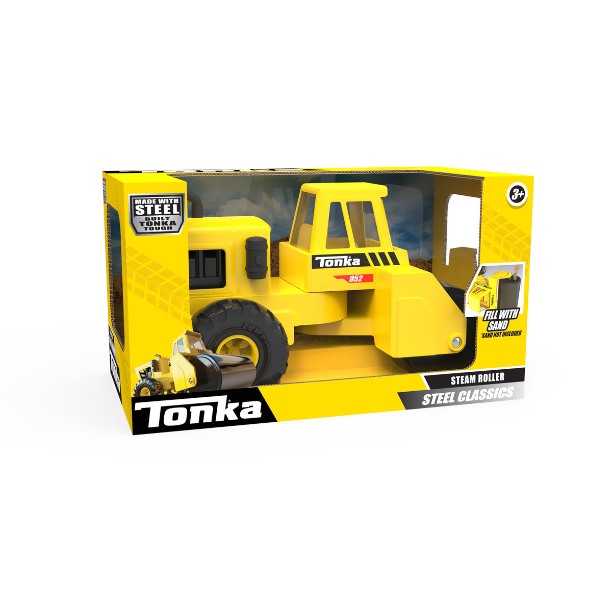 A Steel Classics Steam Roller toy in its packaging. The package is yellow and black, showcasing the toy through a clear plastic window. The text on the box reads "," "Steel Classics," and "Steam Roller" with a "3+" age recommendation.