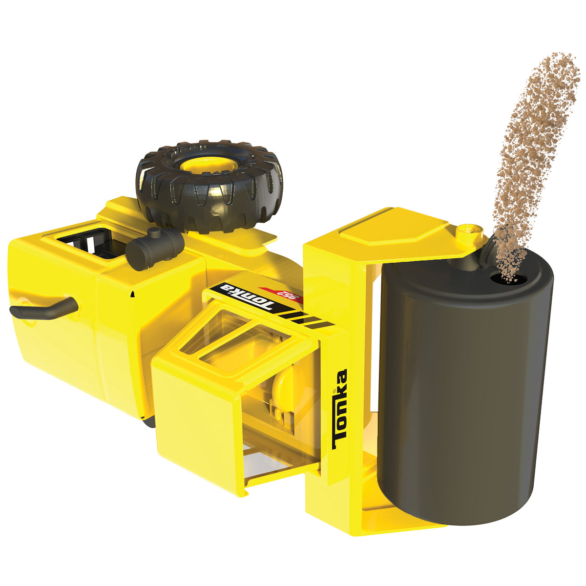 A yellow toy steamroller labeled "" is shown. The vehicle is tipped over on its side, revealing an opening in the roller and sand pouring into it. This is showing how to fill the roller with sand.