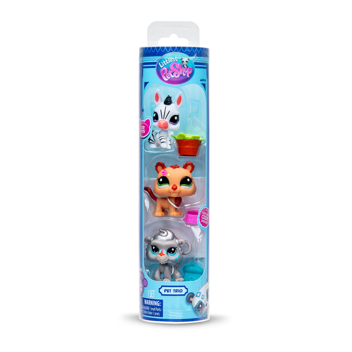 Packaging of a 'Pet Trio' set, featuring three toy figures in a vertical blister pack. At the top is a white zebra with black stripes and a pink nose, accompanied by a bucket of lettuce. In the middle is an orange lion with a star on its face. At the bottom is a gray monkey with blue eyes, next to a blue jar with a paw print. The packaging is blue with the logo at the top and age recommendation of 4+.