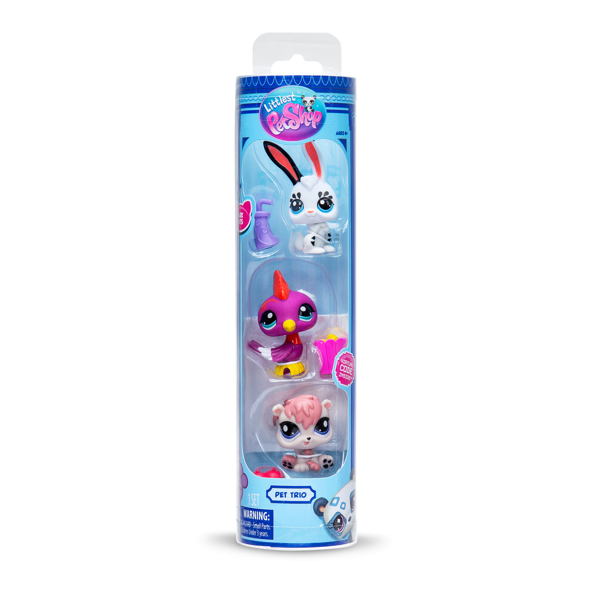 Packaging of a 'Pet Trio' set, featuring three toy figures in a vertical clear tube. At the top is a white rabbit with black and orange ears, accompanied by a purple watering can. In the middle is a pink bird with a yellow beak and purple crest, next to a pink popcorn container. At the bottom is a white squirrel with pink hair, lying next to two red apples. The packaging is blue with the logo at the top and age recommendation of 4+.