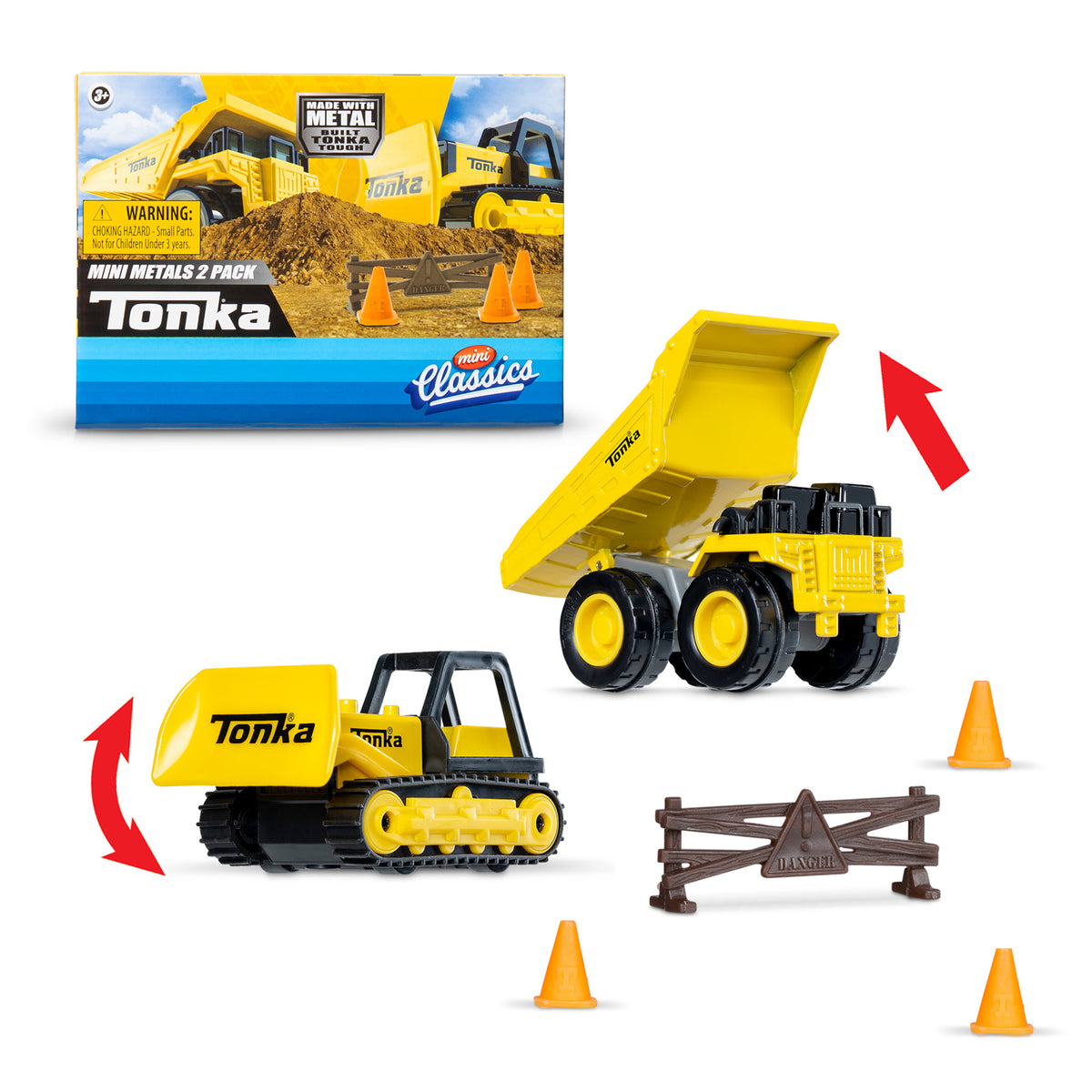 A toy construction set by . The set includes a mini dump truck and a bulldozer, both in yellow and black. Also included are traffic cones, a barricade, and the boxed package in the background. Red arrows show some of the vehicle's movable parts.