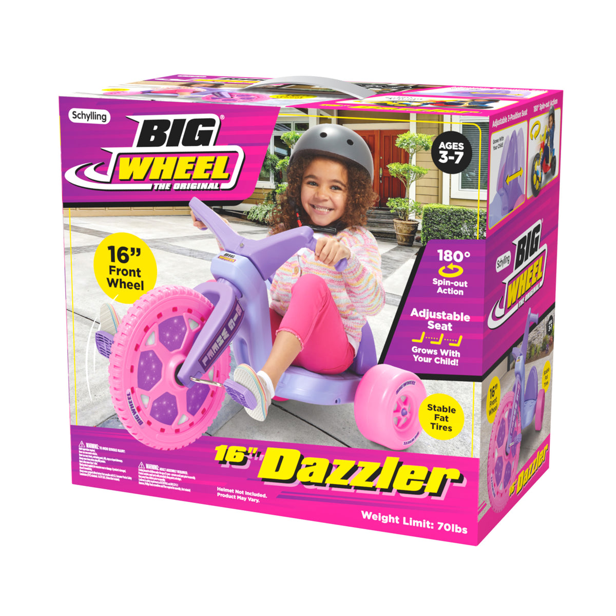 The packaging of a children's toy tricycle, labeled " The Original 16" Dazzler." It is primarily pink and purple with yellow accents. A girl wearing a helmet is happily sitting on the tricycle on the box's front. It is designed for ages 3-7.