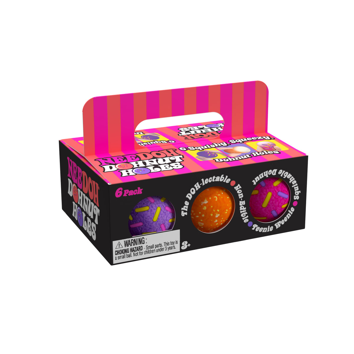 A box of ' Dohnut Holes' sensory balls, designed to look like a 6-pack of donut holes. The packaging is black with pink and orange stripes on the handle and top. The front of the box features images of two sensory balls: one purple with pink and yellow sprinkles, and one orange with white sprinkles. The text on the box includes phrases like 'The DOH-lectable', 'Squishable', 'Non-Edible', and 'Teenie Weenie'. There is a warning label indicating the toy is for ages 3 and up due to small parts.