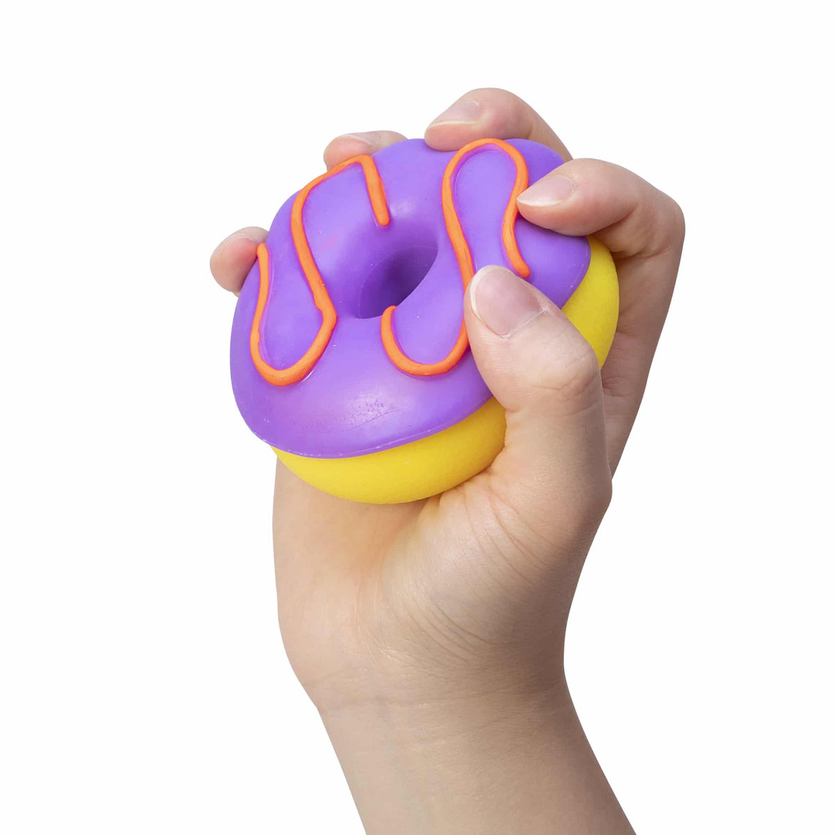 Dohnuts Yellow with Purple Frosting and Orange Icing in Hand