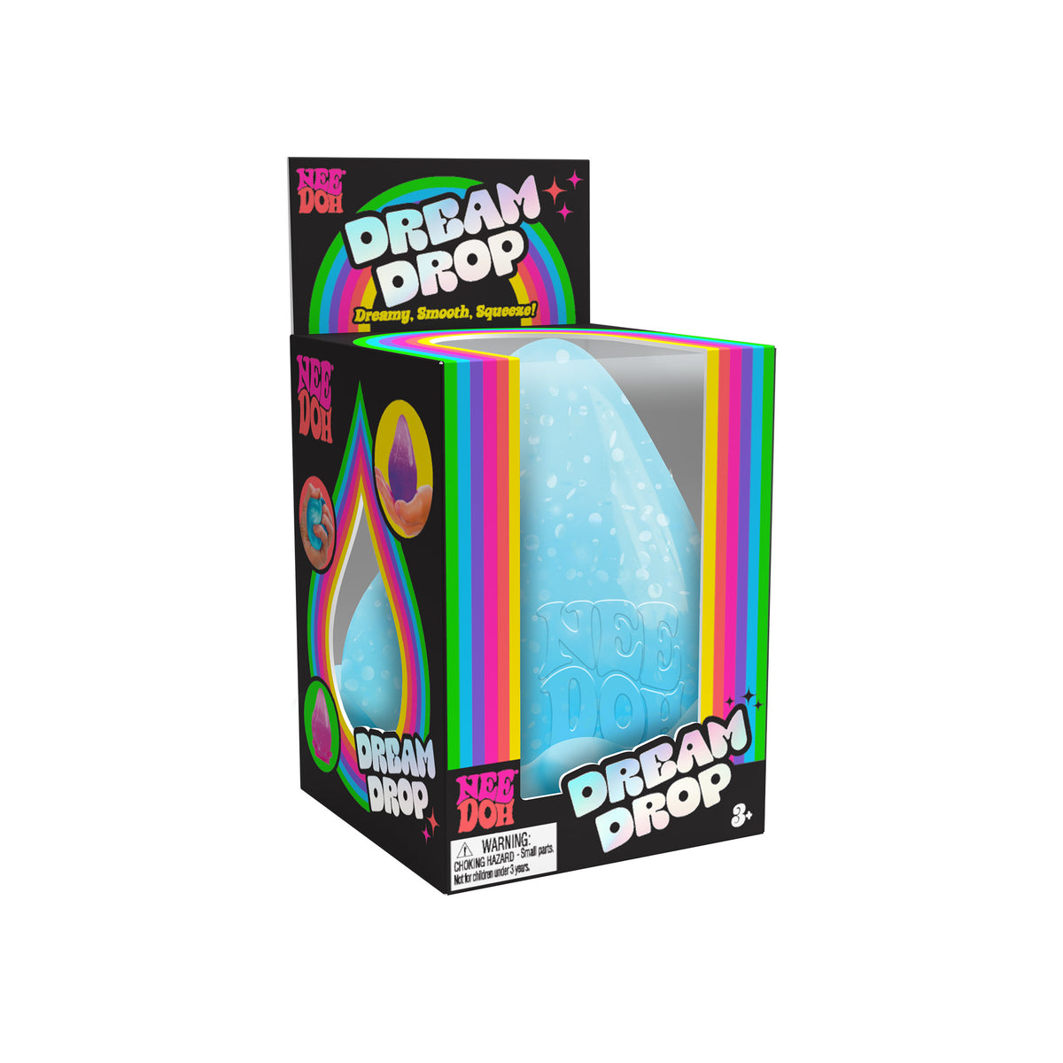 A Dream Drop in its packaging. The packaging is primarily black with rainbow-colored accents and text that reads "Dream Drop" and "". The toy inside is a blue, drop-shaped, squeezable item. Suitable for ages 3 and up.
