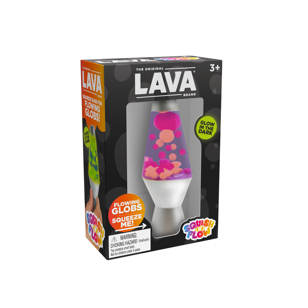 A box of Squish 'N Flow. The packaging indicates it is suitable for ages 3 and up, features flowing globs, and has a glow-in-the-dark function. The box also includes a "Squishy Flow!" label and a warning about choking hazards.