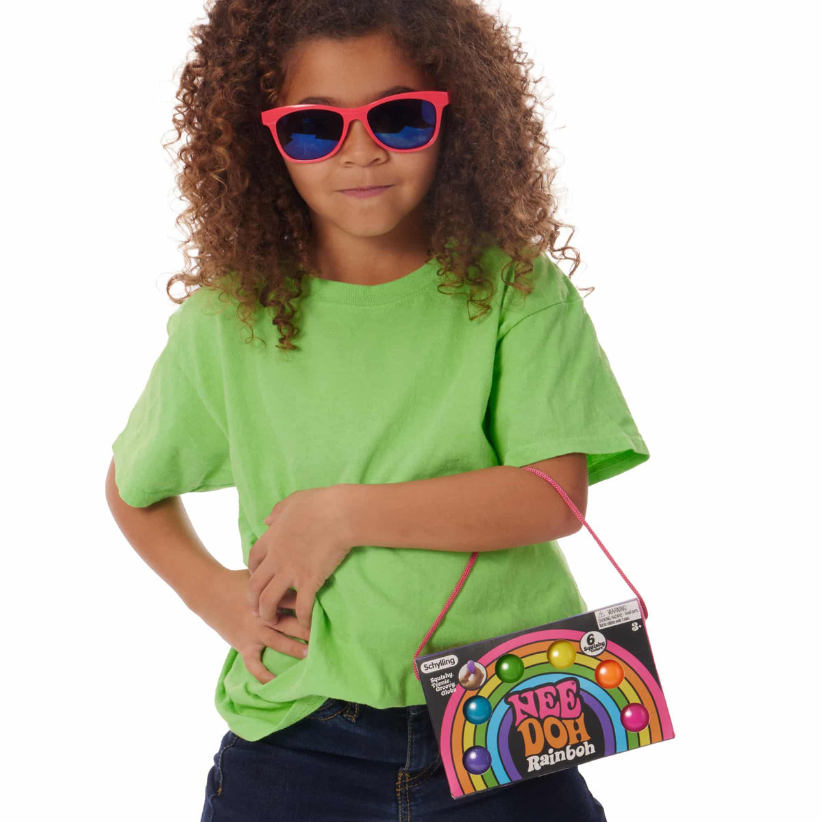 Girl wearing neon sunglasses with Rainboh package hanging off her arm