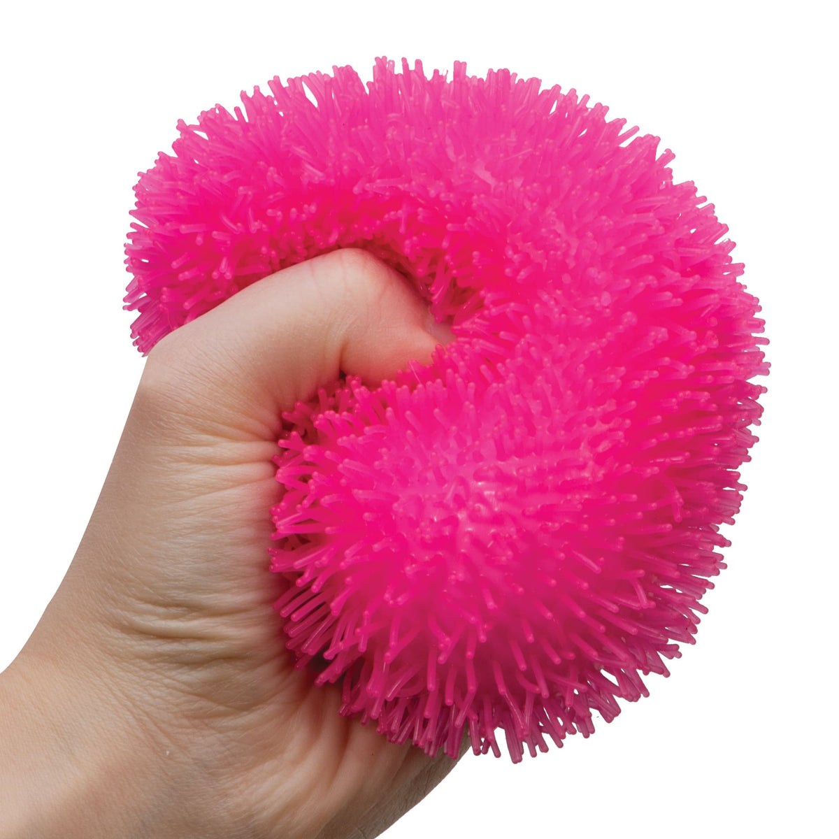 Hand squeezing pink Shaggy ball
