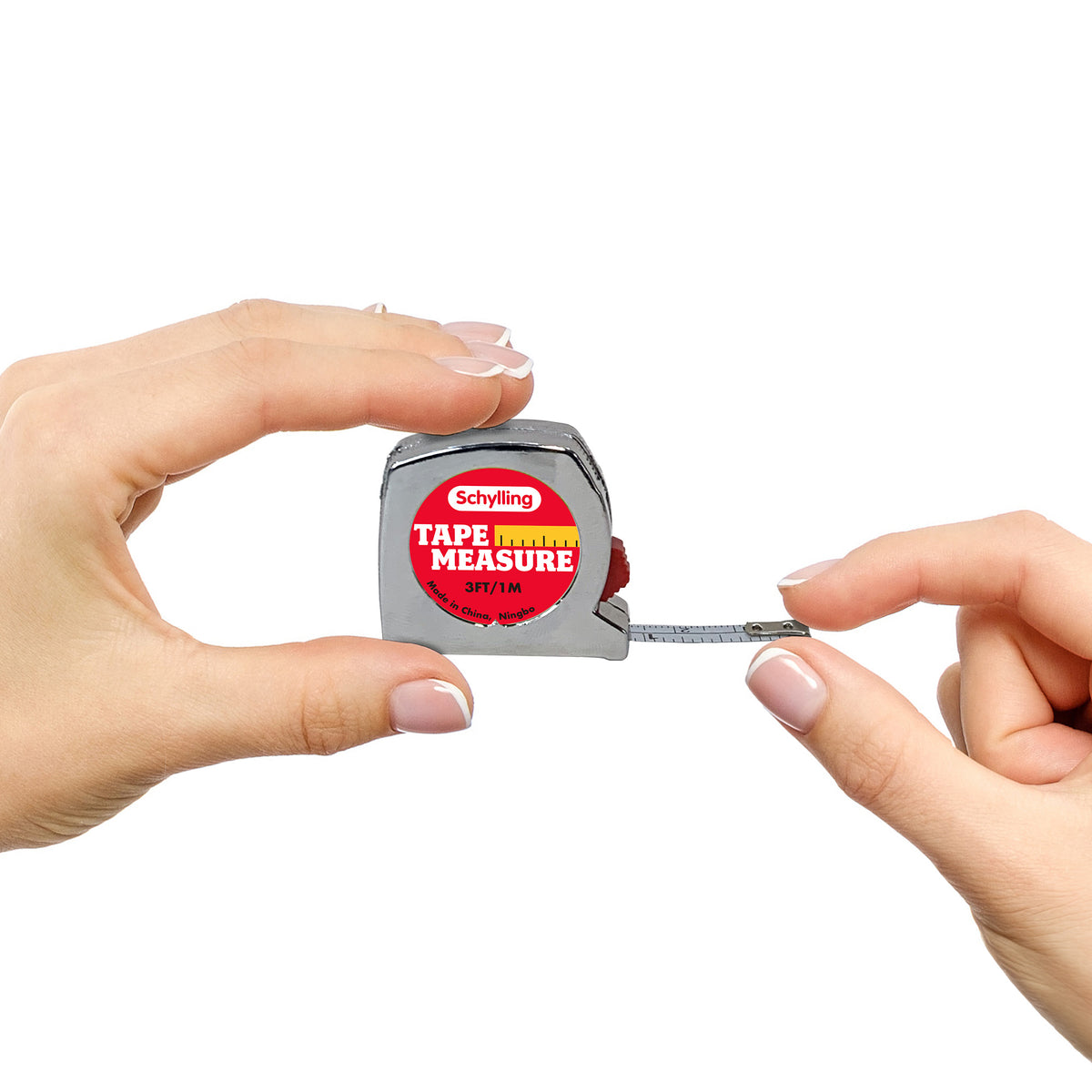 Two hands holding a miniature tape measure with a metallic body. The tape measure, branded "," has a partially extended measuring tape displaying centimeter and inch marks. The text on the tape measure reads "Tape Measure" and 3ft/1M.