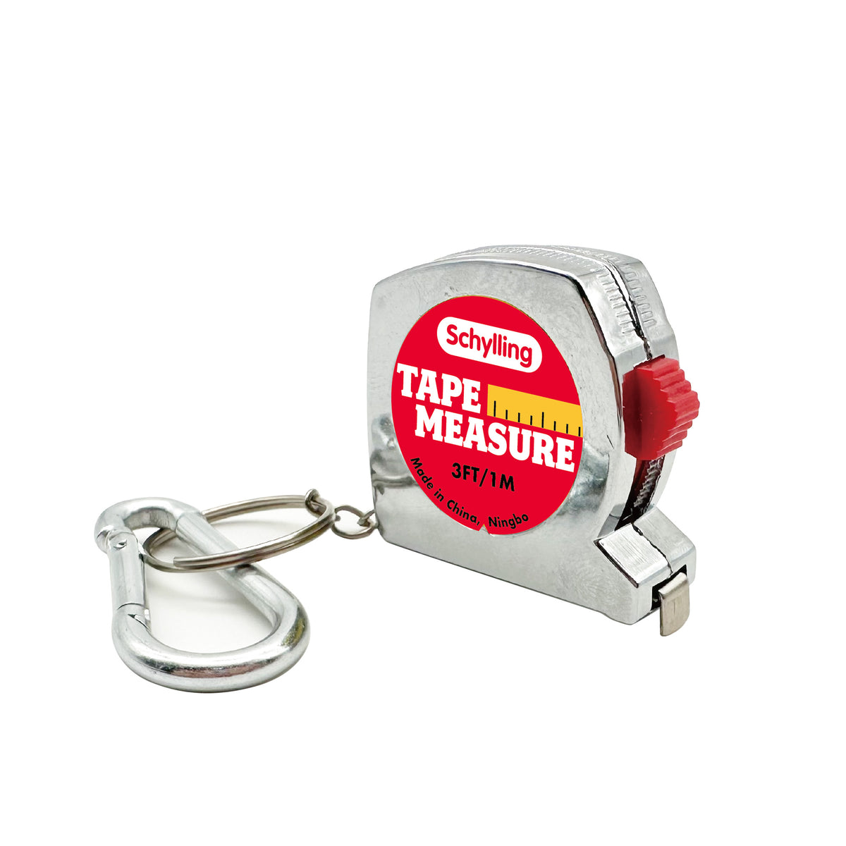 A small, silver tape measure with a carabiner attachment. The tape measure has a red and yellow label that reads " TAPE MEASURE, 3FT/1M." A metal carabiner is attached to the chain loop.