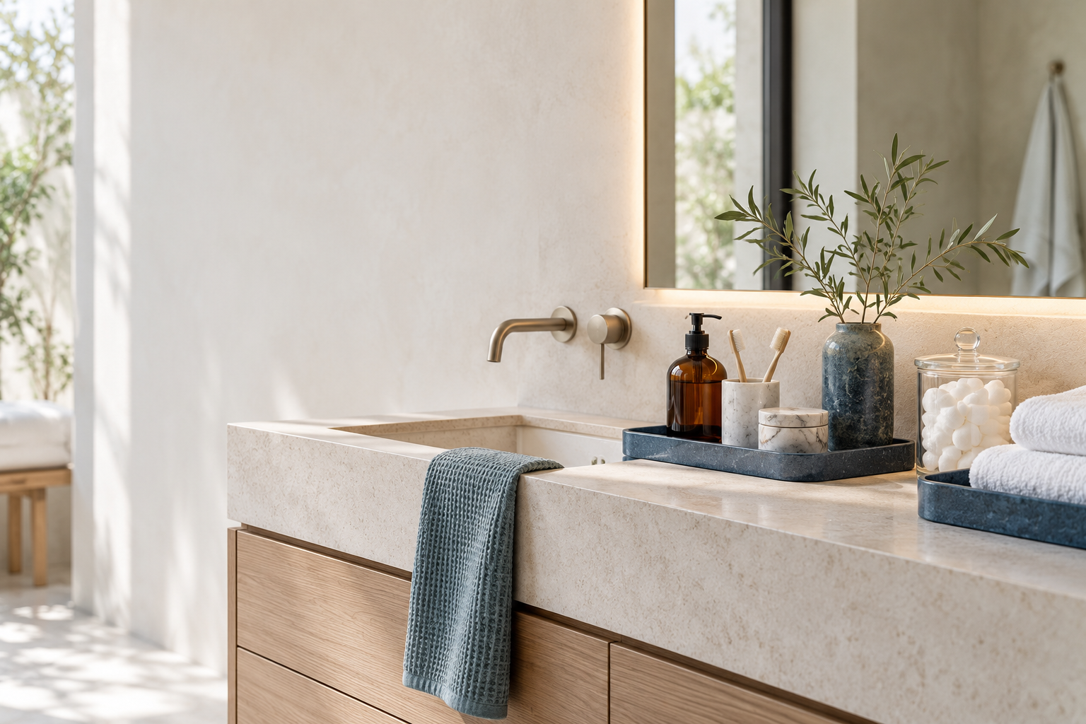 Bright bathroom vanity with neatly arranged storage