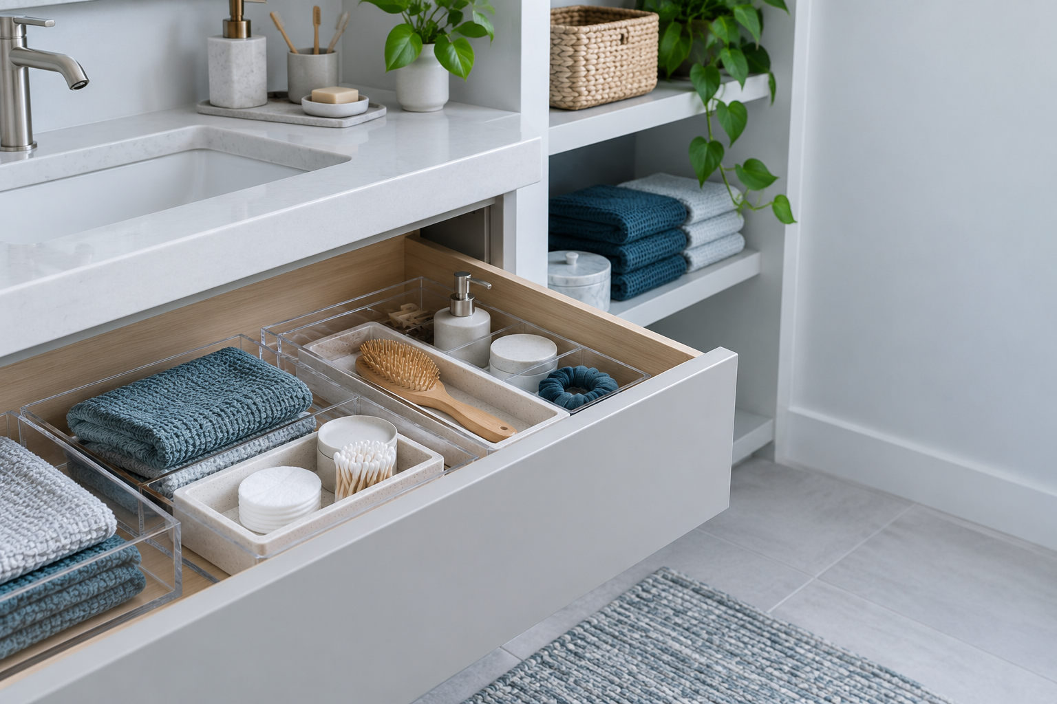 Bathroom vanity drawer with neatly organized essentials